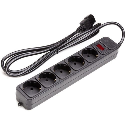 UPS-Rated Extension Cord 2m, 5 sockets, ar switch, melns