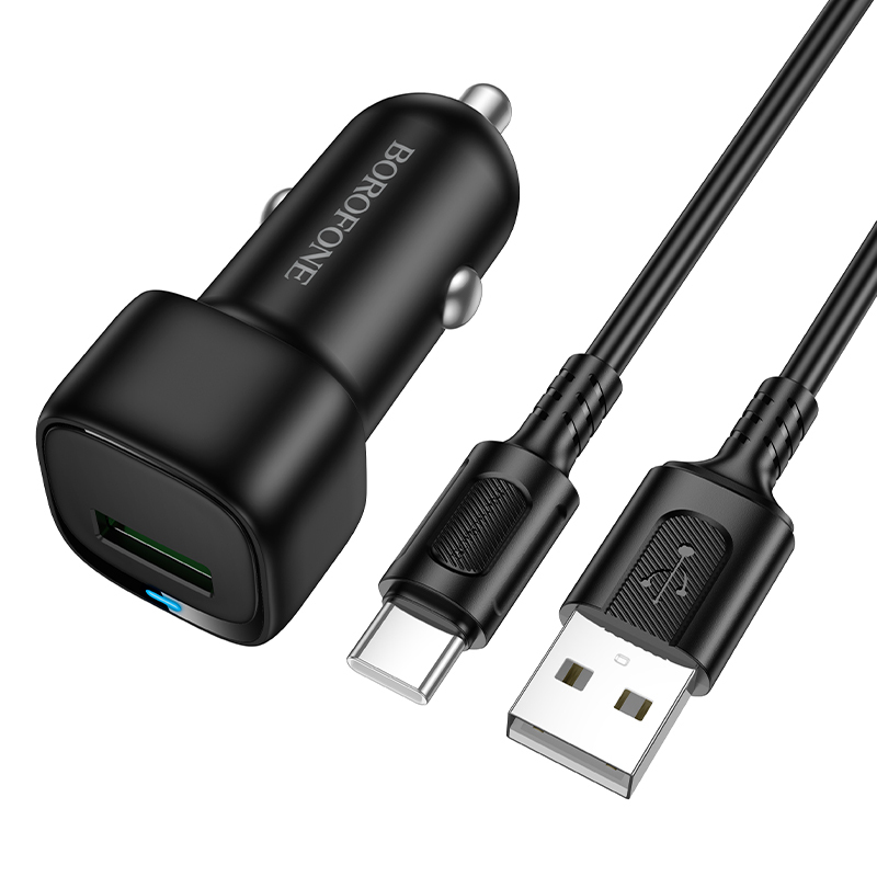 Borofone Auto lādētājs BZ34 Cloud - USB - QC 3.0 18 W ar USB-C tipa kabeli melns