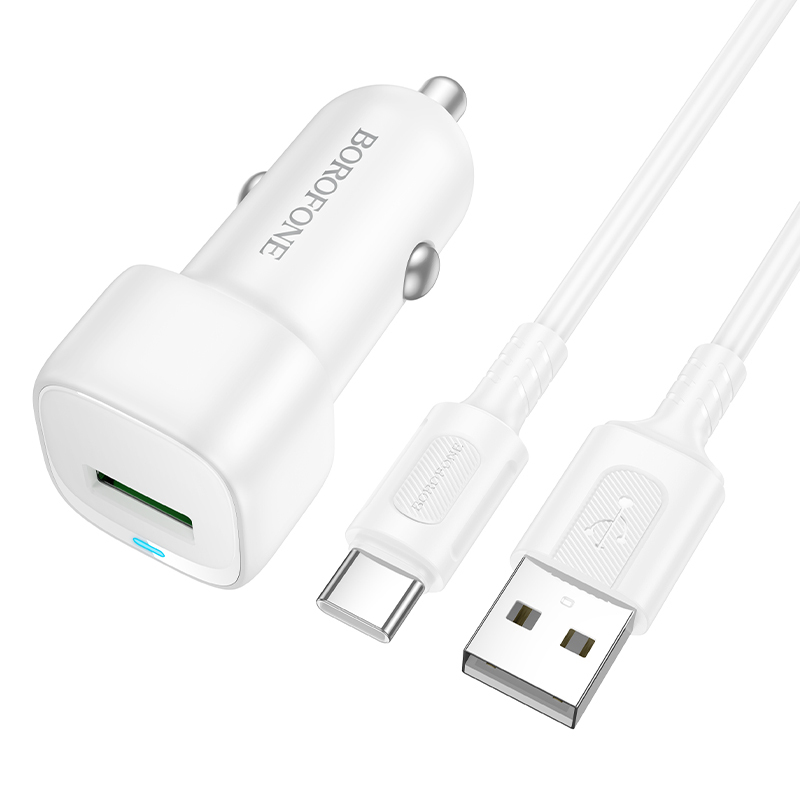 Borofone Auto lādētājs BZ34 Cloud - USB - QC 3.0 18W ar USB-C tipa kabeli, balts