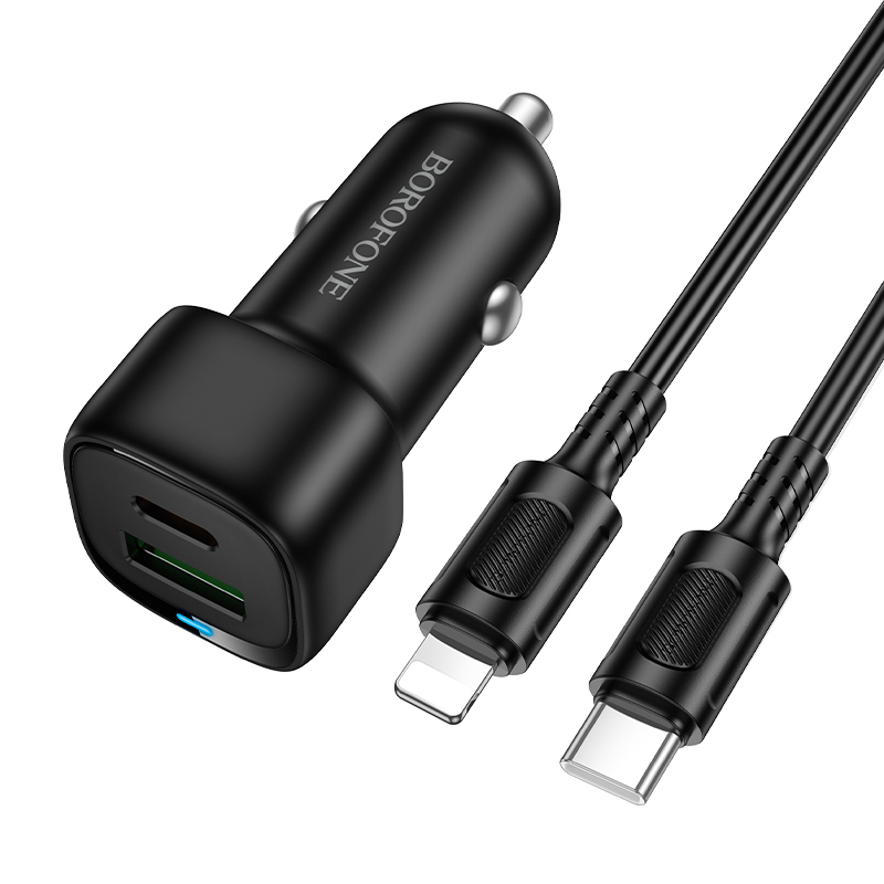 Borofone Auto lādētājs BZ34B Cloud - USB + C tipa - QC 3.0 PD 38W ar C tipa Lightning kabeli melns