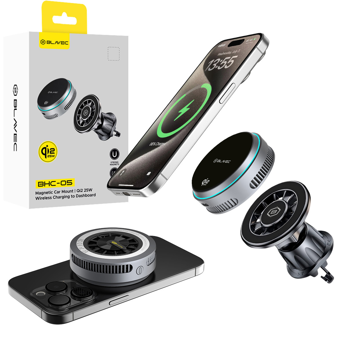 Blavec Automašīnas turētājs BHC-05 Qi2.2 25W ar indukcijas uzlādi un aktīvu dzesēšanu ar gaisa ventilatoru (BHC05-MWIB), melns