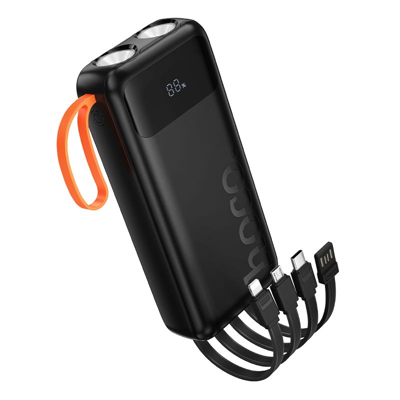 Portatīvais lādētājs Hoco 20000 mAh 2A ar iebūvētiem kabeļiem USB A + USB C + Lightning + Micro USB un dubultu gaismu J151A melns