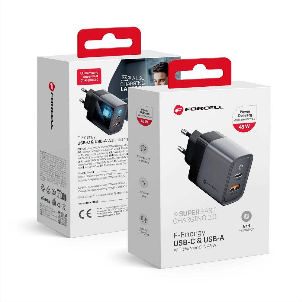 FORCELL F-ENERGY GaN VT-39 pelēks ceļojuma lādētājs Type C + USB A PD QC4.0 4A 45W ar PD