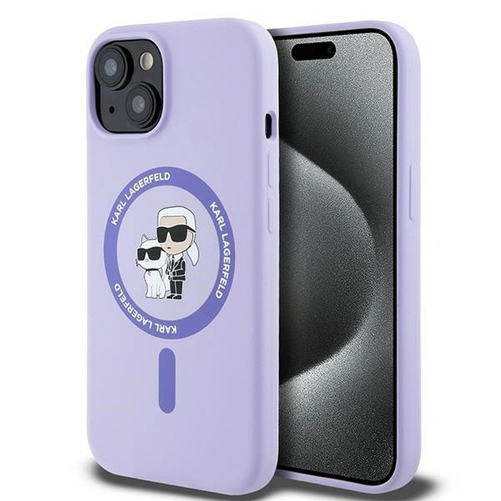 Karl Lagerfeld silikona Karl&Choupette galvu gredzens Magnētiskais iPhone 15 viedtālruņa apvalks - Violets