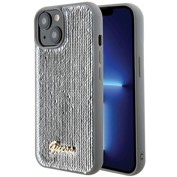 Guess Sequin Script Metal viedtālruņa apvalks iPhone 15 - sudraba