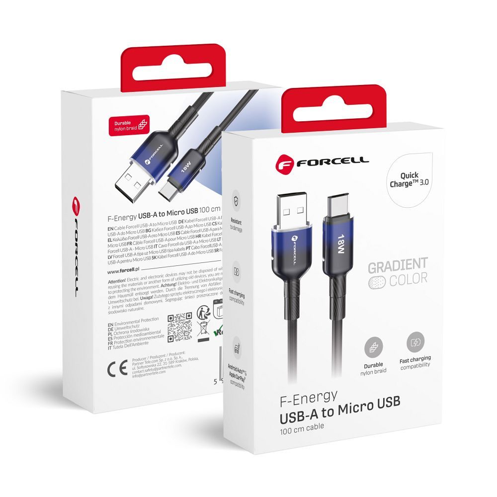 Kabelis FORCELL F-ENERGY C351 USB A uz Micro USB QC3.0 2,4A 18W Gradient 1 m melns (m)