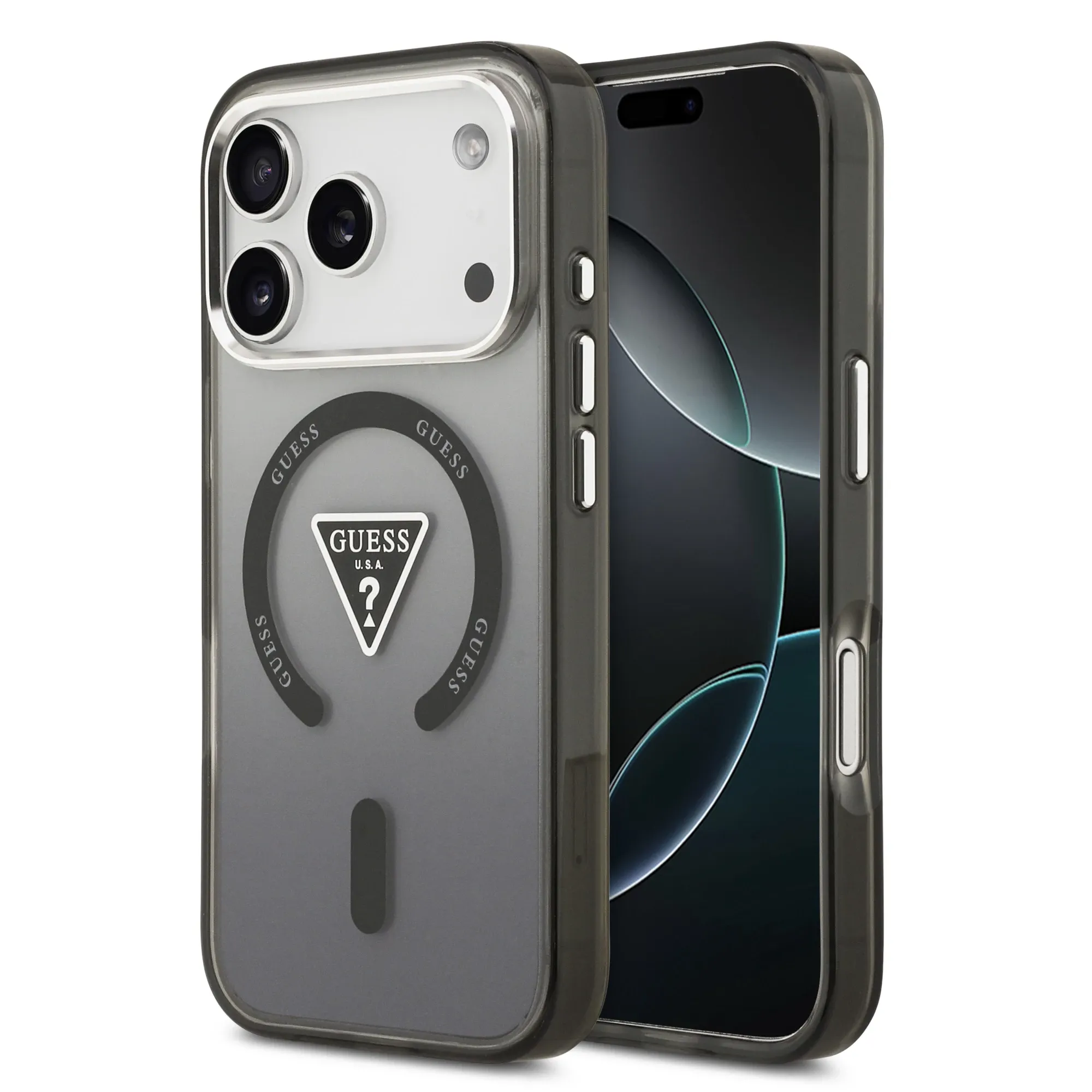 GUESS magnētiskais viedtālruņa apvalks IPHONE 17 Pro, savietojams ar MagSafe GUHMP17LHGTMLCGK (IML gradienta apvalks ar trīsstūra logotipu) melns
