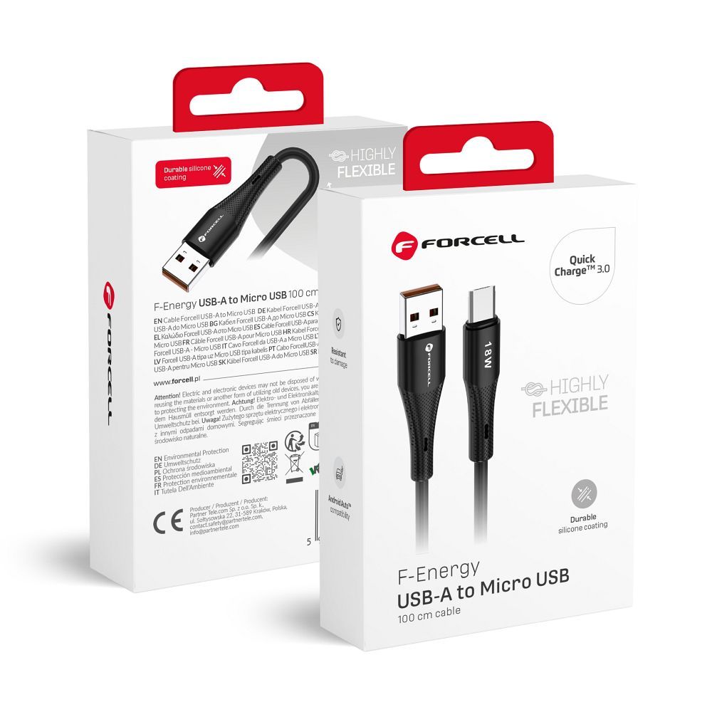 Kabelis FORCELL F-ENERGY C341 USB A uz Micro USB QC3.0 2,4A 18W Silikoninis 1 m melns (m)