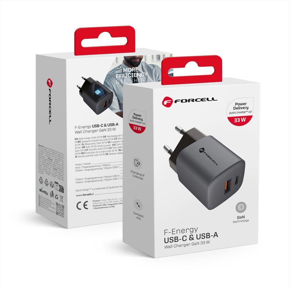 FORCELL F-ENERGY GaN VT-31 pelēks ceļojuma lādētājs Type C + USB A PD QC4.0 3A 33W ar PD