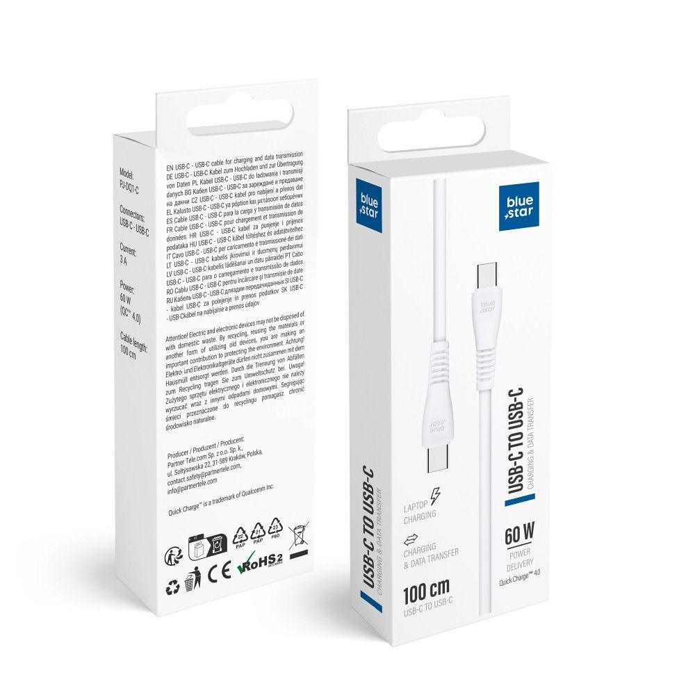 Blue Star kabelis USB C - USB C 3A 60W QC4.0 1m PJ-DQ1-C balts