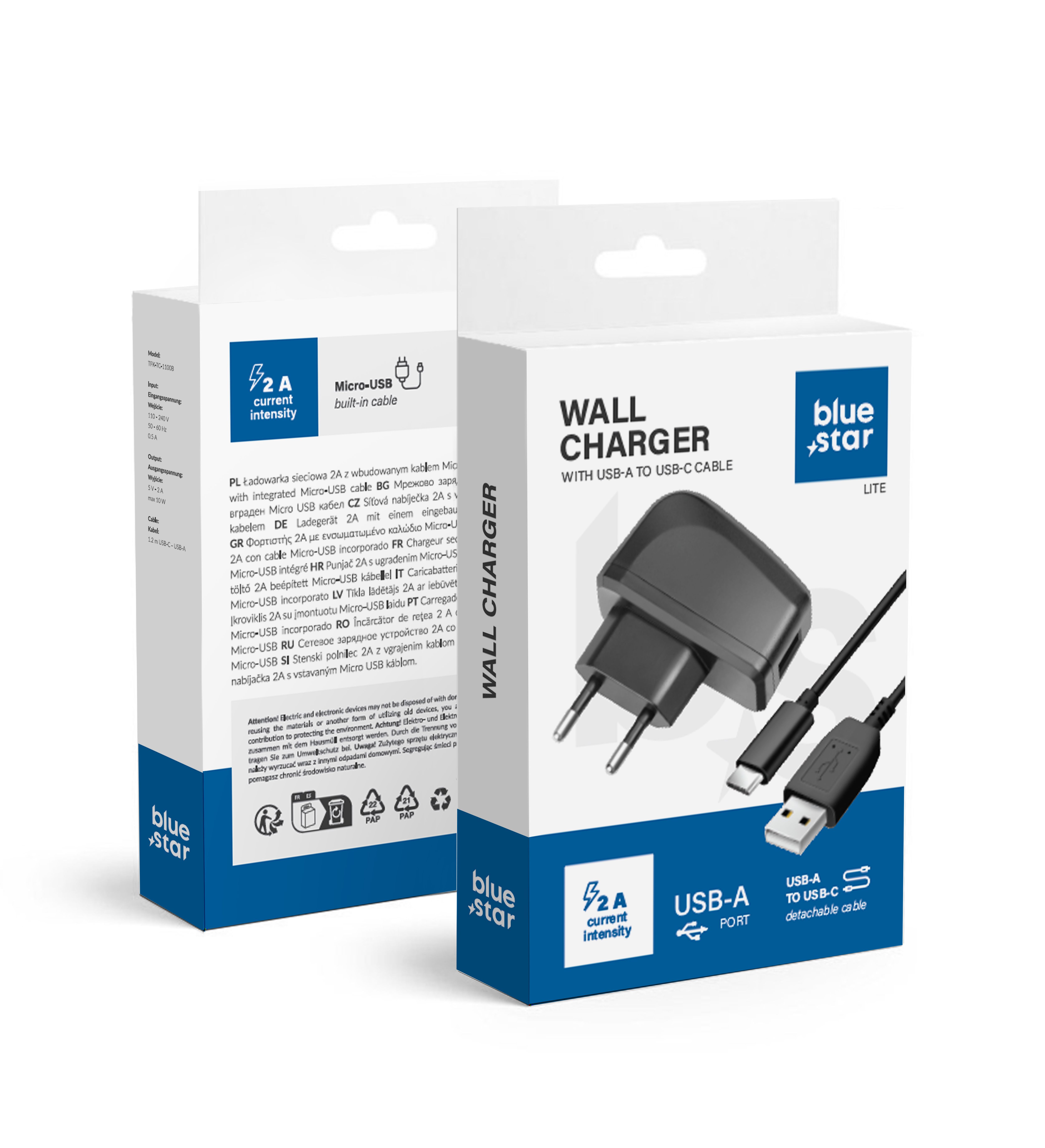 BLUE STAR LITE ceļojumu lādētājs 2A 10W USB A + kabelis USB A uz Type C TFK-TC-1095B melns