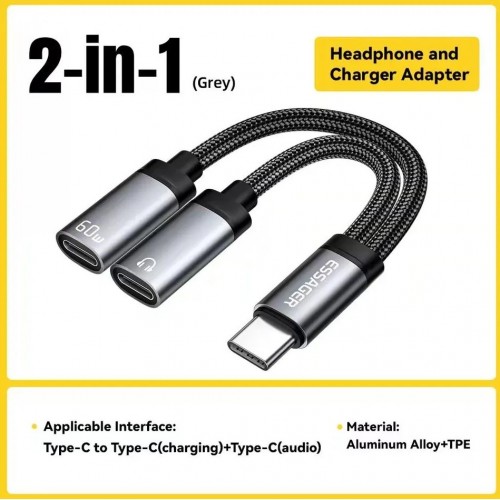 Adapteris Essager Dual String2 melns (In: Male Type-C / Out: Female 2xType-C)
