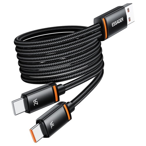 USB Kabelis Essager Double 2in1 melns USB / 2xType-C 100cm