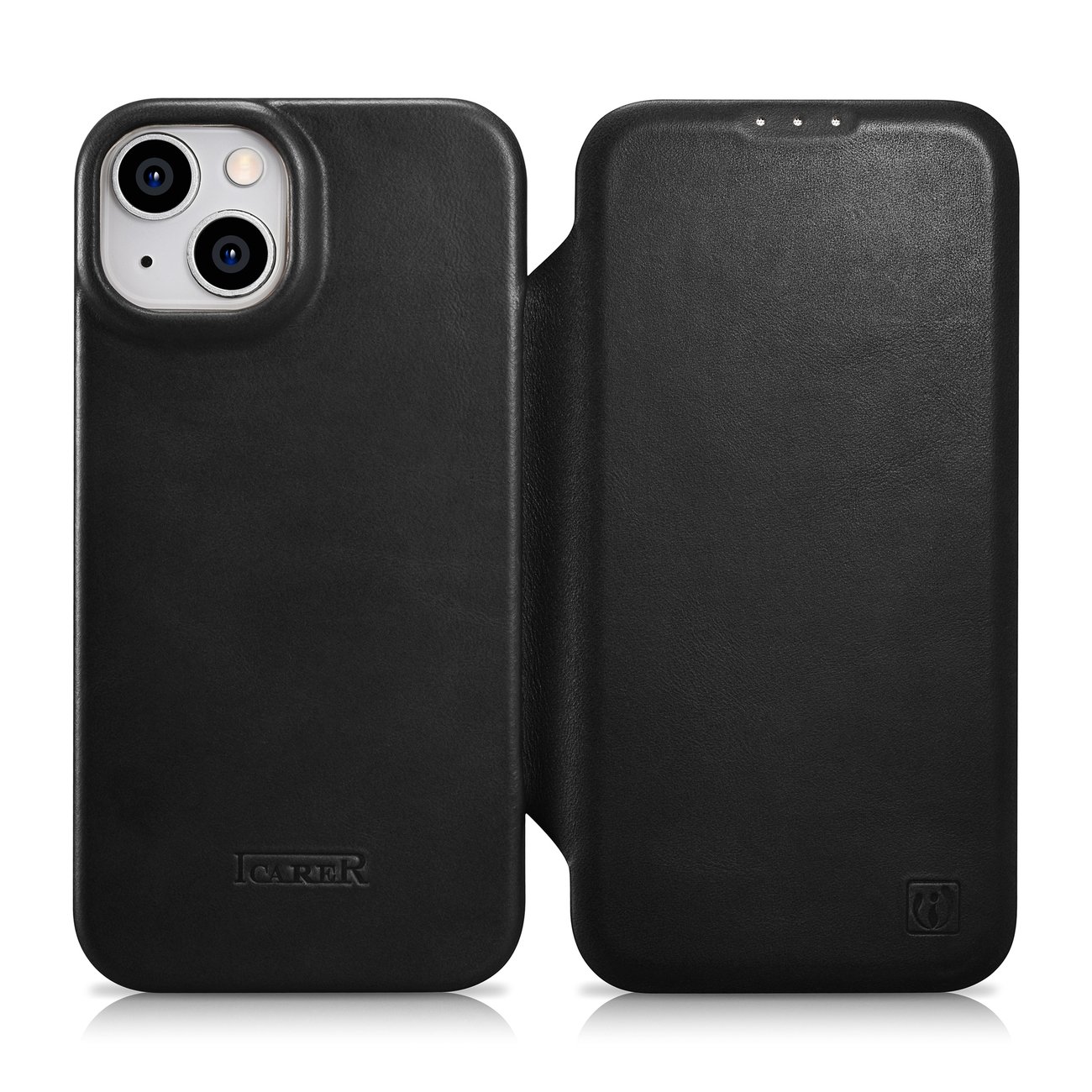 iCarer CE Oil Wax Premium ādas folio viedtālruņa apvalks iPhone 14 Plus Magnētiskais atveramais apvalks ar MagSafe Melns (AKI14220707-BK)