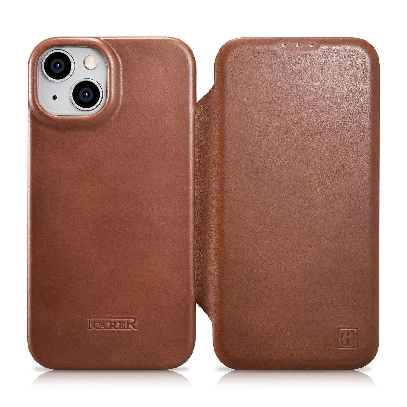 iCarer CE Oil Wax Premium ādas folio viedtālruņa apvalks iPhone 14 Plus Magnētiskais atveramais apvalks ar MagSafe Brūns (AKI14220707-BN)