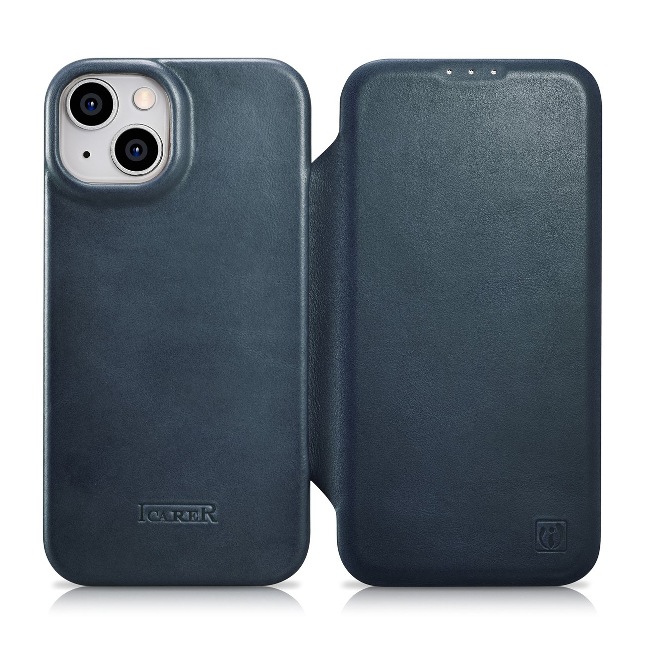 iCarer CE Premium ādas folio vāciņš iPhone 14 Plus ar MagSafe magnētisku flip vāciņu - zilā krāsā