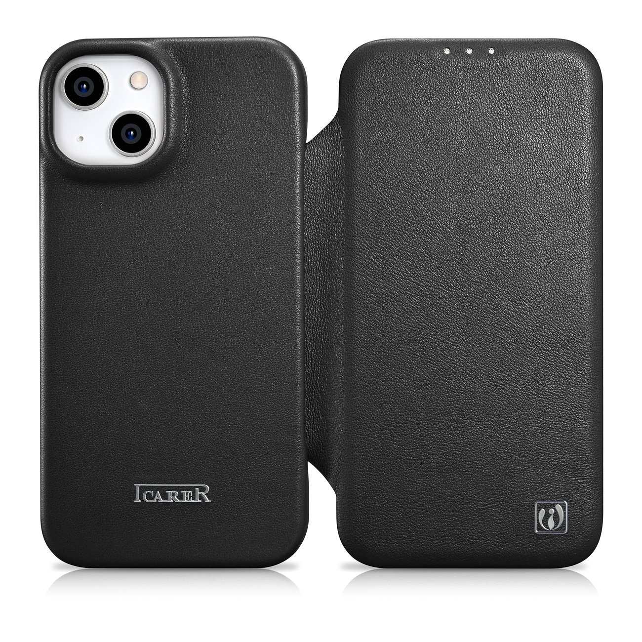 iCarer CE Premium ādas folio vāciņš iPhone 14 Plus ar MagSafe magnētisku flip vāciņu - melnā krāsā