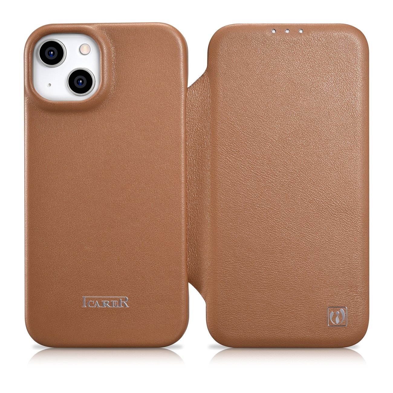 iCarer CE Premium ādas folio vāciņš iPhone 14 Plus ar MagSafe magnētisku flip vāciņu - brūnās krāsā