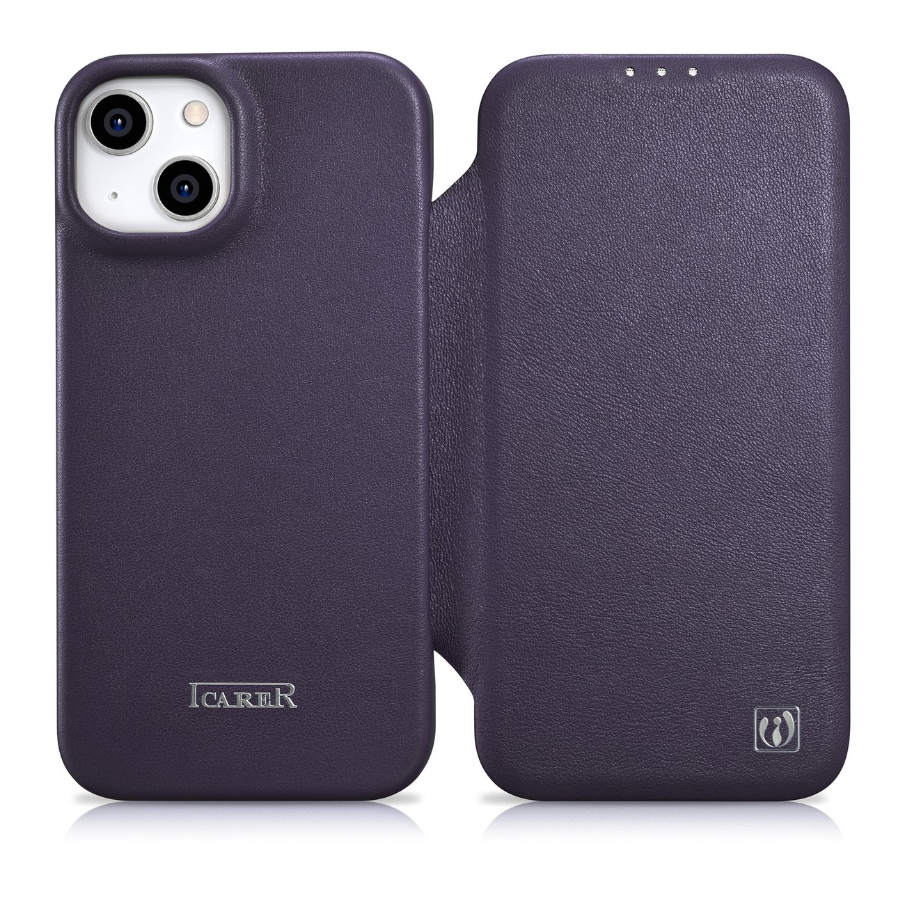iCarer CE Premium ādas folio viedtālruņa apvalks iPhone 14 Plus magnētiskais atveramais ādas folio apvalks MagSafe tumši violeta
