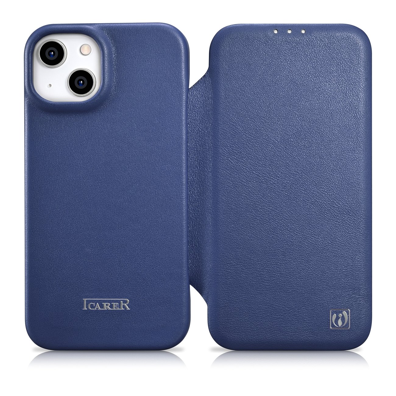 iCarer CE Premium ādas folio viedtālruņa apvalks iPhone 14 Plus magnētiskais atveramais ādas folio apvalks MagSafe zila