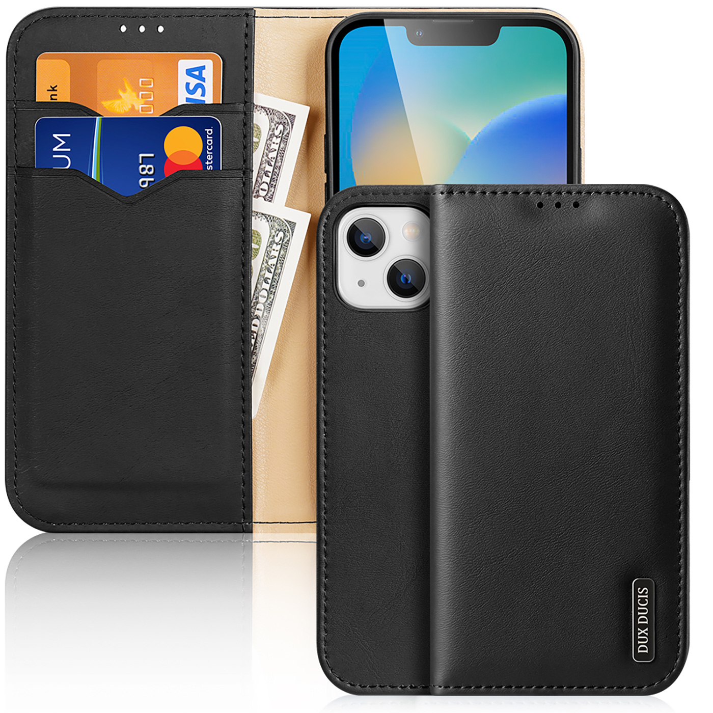 Dux Ducis Hivo ādas atveramais apvalks no dabīgās ādas ar karšu un dokumentu maciņu iPhone 14 Plus, melns