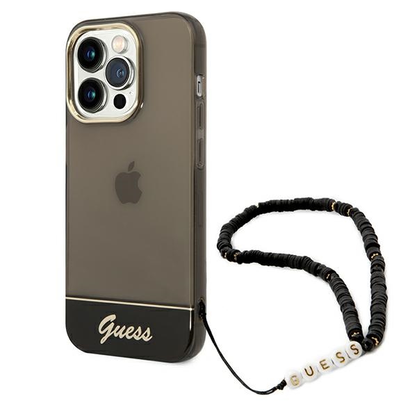 Guess caurspīdīgs pērļu siksniņas viedtālruņa apvalks iPhone 14 Pro - melns