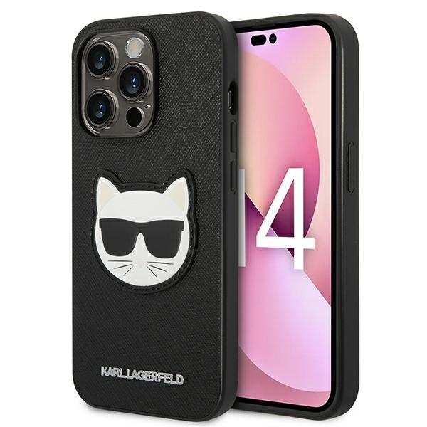 Karl Lagerfeld Saffiano Choupette Head Patch viedtālruņa apvalks iPhone 14 Pro Max - melns
