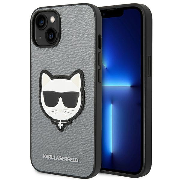 Karl Lagerfeld Saffiano Choupette Head Patch viedtālruņa apvalks iPhone 14 - sudraba