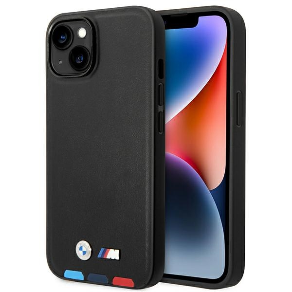 BMW BMHCP14M22PTDK iPhone 14 Plus 6.7 - melns ādas vāciņš ar trīskrāsainu uzliku MagSafe