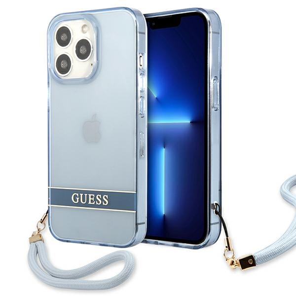 Guess GUHCP13LHTSGSB iPhone 13 Pro / 13 6.1 viedtālruņa apvalks, zils, ciets, daļēji caurspīdīgs ar siksniņu