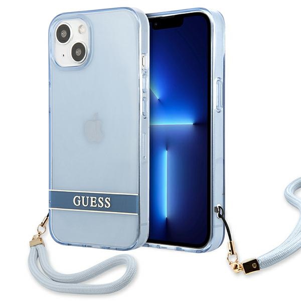 Guess GUHCP13MHTSGSB iPhone 13 6.1 viedtālruņa apvalks, zils, ciets, daļēji caurspīdīgs ar siksniņu