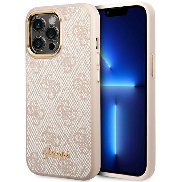 Guess 4G Vintage Zelta Logotipa apvalks iPhone 14 Pro - rozā