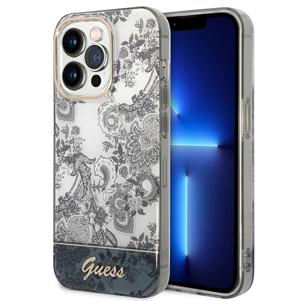 Guess GUHCP14LHGPLHG iPhone 14 Pro 6.1 pelēks / pelēks kietais viedtālruņa apvalks Porcelain Collection