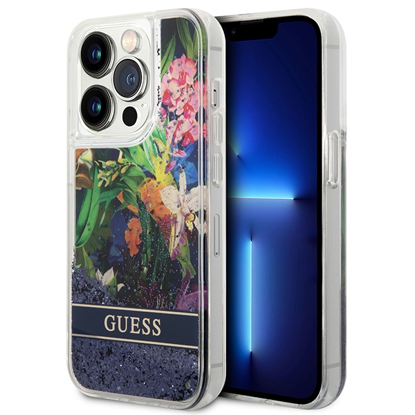 Guess GUHCP14LLFLSB iPhone 14 Pro 6.1 zils / zils kietais viedtālruņa apvalks Flower Liquid Glitter