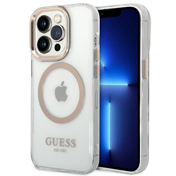 Guess GUHMP14LHTRMD iPhone 14 Pro 6.1 "zeltains / zeltains cietais apvalks Metāla kontūra Magnētiskais