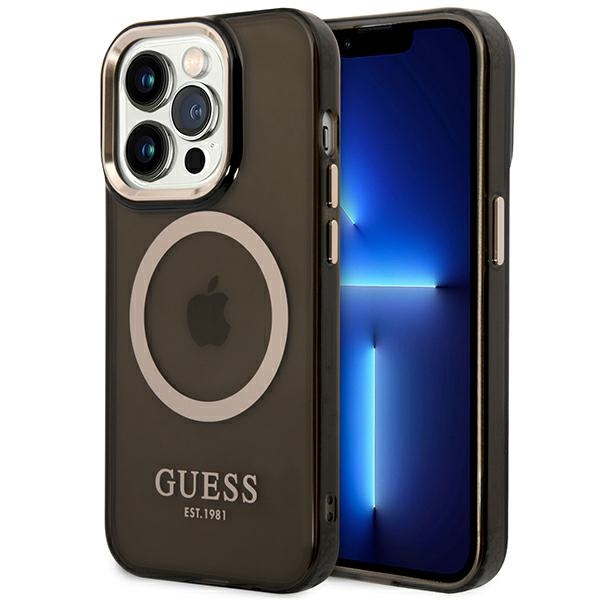 Guess GUHMP14XHTCMK iPhone 14 Pro Max 6.7" melns/melns cietais apvalks Zelta kontūra Daļēji caurspīdīgs Magnētiskais