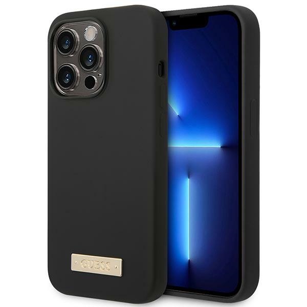 Guess GUHMP14XSBPLK iPhone 14 Pro Max 6.7" melns/melns cietais apvalks Silikona logotipa plāksne Magnētiskais