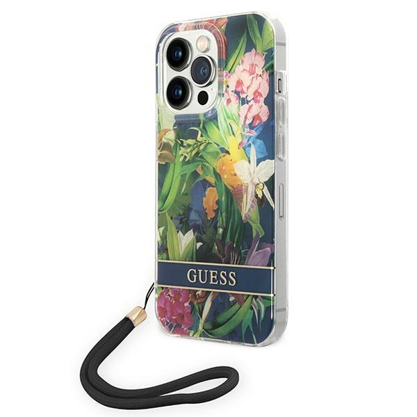 Guess GUOHCP14LHFLSB iPhone 14 Pro 6.1 "zils / zils cietais apvalks Ziedu Siksna