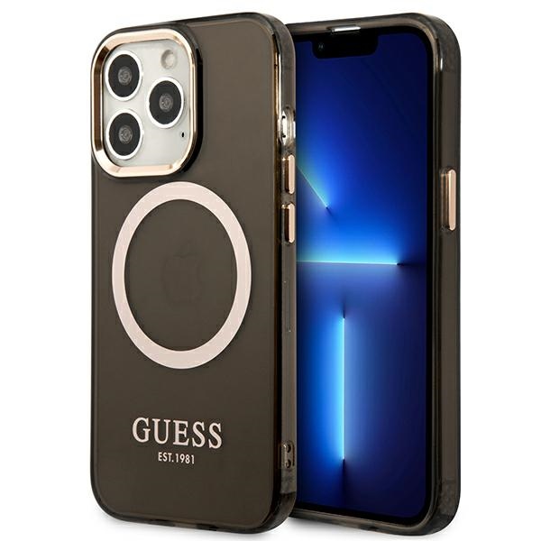 Guess Gold Outline caurspīdīgs Magnētiskais MagSafe viedtālruņa apvalks iPhone 13 Pro / iPhone 13 - melns