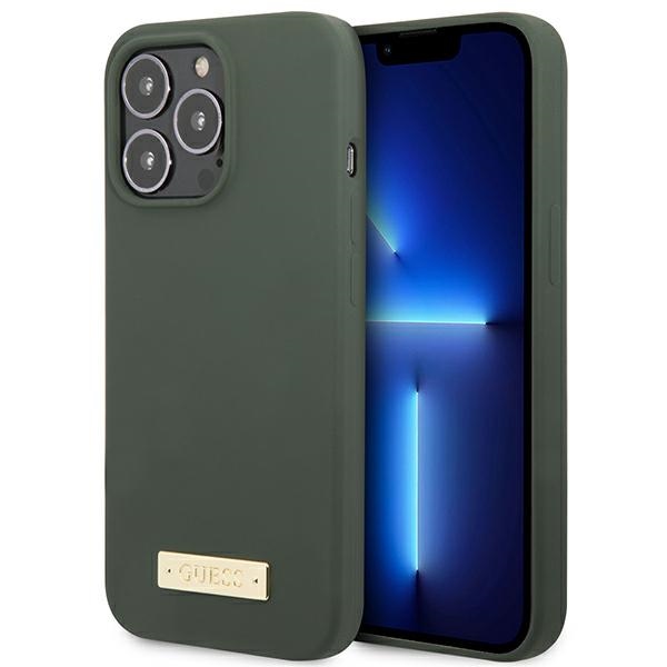 Guess Silikona Logo Plate Magnētiskais apvalks iPhone 13 Pro / iPhone 13 - zaļš