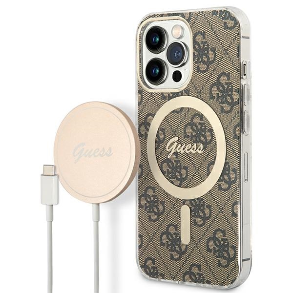 Komplekts Guess GUBPP13LH4EACSW vāciņš + lādētājs iPhone 13 Pro brūns cietais vāciņš ar 4G rakstu Magnētiskais
