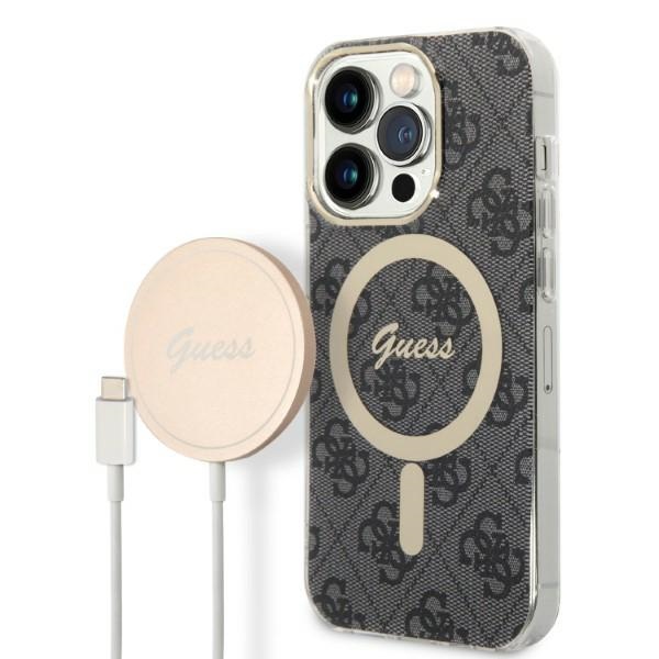 Guess GUBPP14LH4EACSK 4G Print MagSafe vāciņa un lādētāja komplekts iPhone 14 Pro 6.1", melns