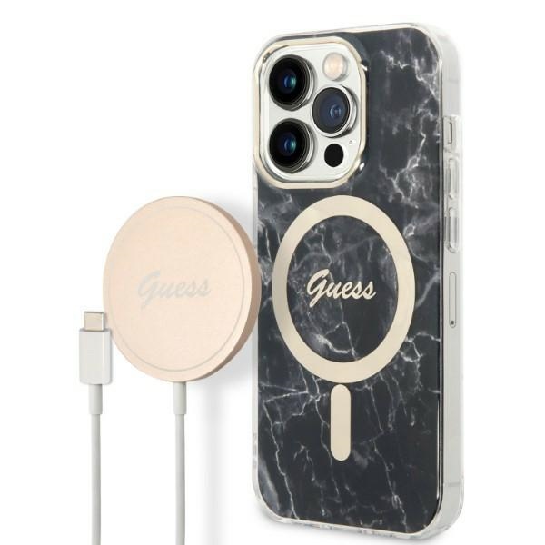 Komplekts Guess GUBPP14LHMEACSK apvalks + lādētājs iPhone 14 Pro 6.1" melns/melns cietais apvalks Marble Magnētiskais