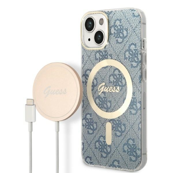 Komplekts Guess GUBPP14MH4EACSB apvalks + lādētājs iPhone 14 Plus 6.7" zils/zils cietais apvalks 4G Print Magnētiskais