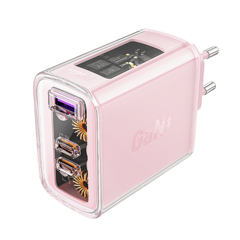 Acefast GaN 65W lādētājs ar 3 pieslēgvietām (1xUSB, 2xUSB C) - rozā (A45)