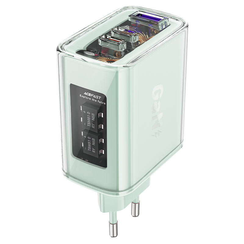 Acefast GaN 65W lādētājs ar 3 pieslēgvietām (1xUSB, 2xUSB C) - zaļš (A45)