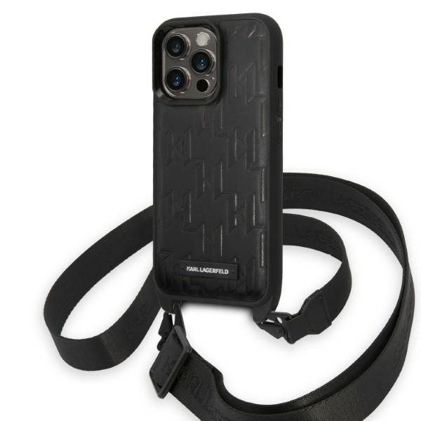 Karl Lagerfeld KLHCP14LSTMMK iPhone 14 Pro 6.1" cietais viedtālruņa apvalks melns/melns Monogrammas Plāksnītes Logotipa Siksna