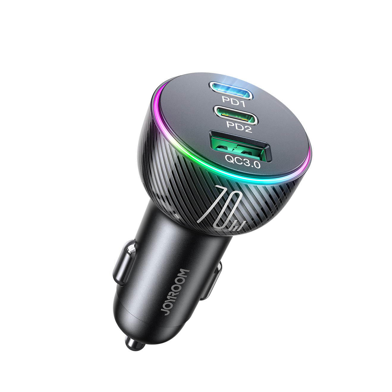 Joyroom automašīnas lādētājs 70W ar 3 pieslēgvietām: USB, 2 x USB-C melns (JR-CL26)