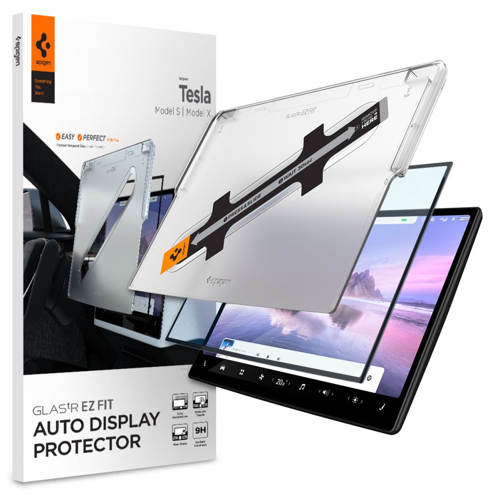 Spigen Glas.tR EZ Fit aizsargstikls Tesla Model X 2022 / Model S 2021 - melns