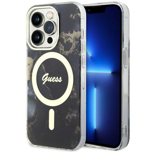 Guess GUHMP14XHTMRSK iPhone 14 Pro Max 6.7" melns cietais apvalks Golden Marble Magnētiskais